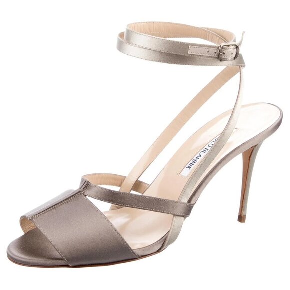 New Manolo Blahnik Satin Wrap-Around Strap Peep Toe Grey Heel Sandals 7 US NWT